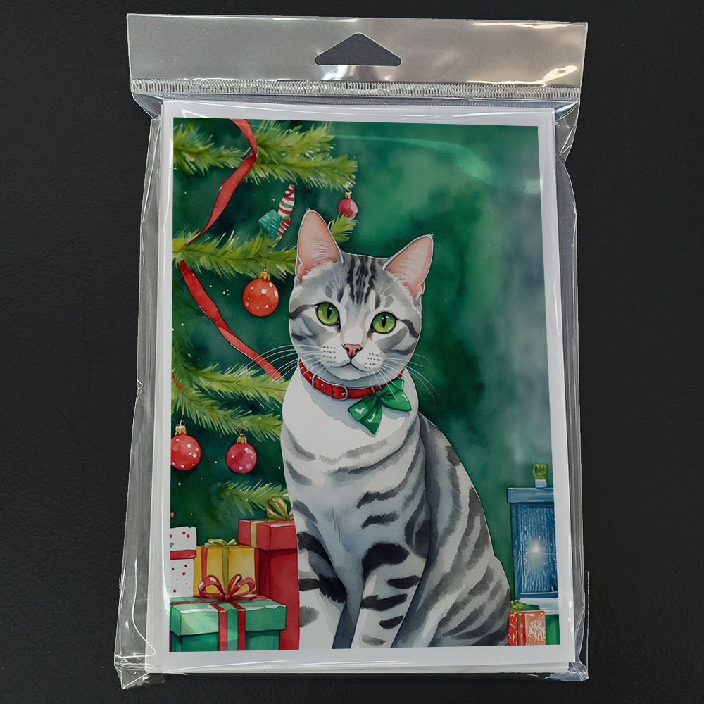 American Shorthair Cat By the Christmas Tree Greeting Cards Pack of 8 Blank Cards with Envelopes Whimsical A7 Size 5x7