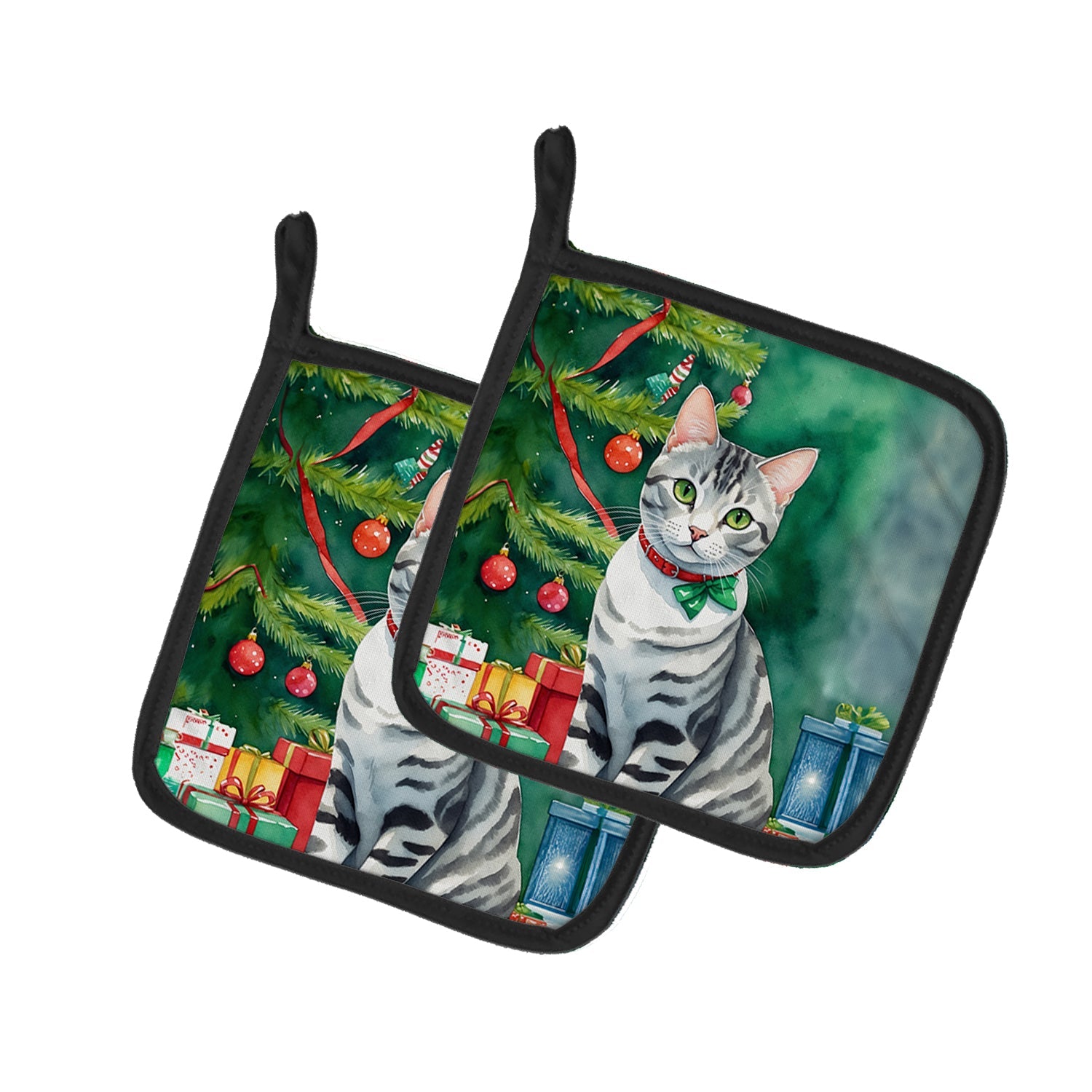 American Shorthair Cat By the Christmas Tree Pot Holder Set of 2 Heat Resistant Quilted Hot Pads 7.5 x 7.5 Inch, Insulated Kitchen Trivets for Cooking & Baking