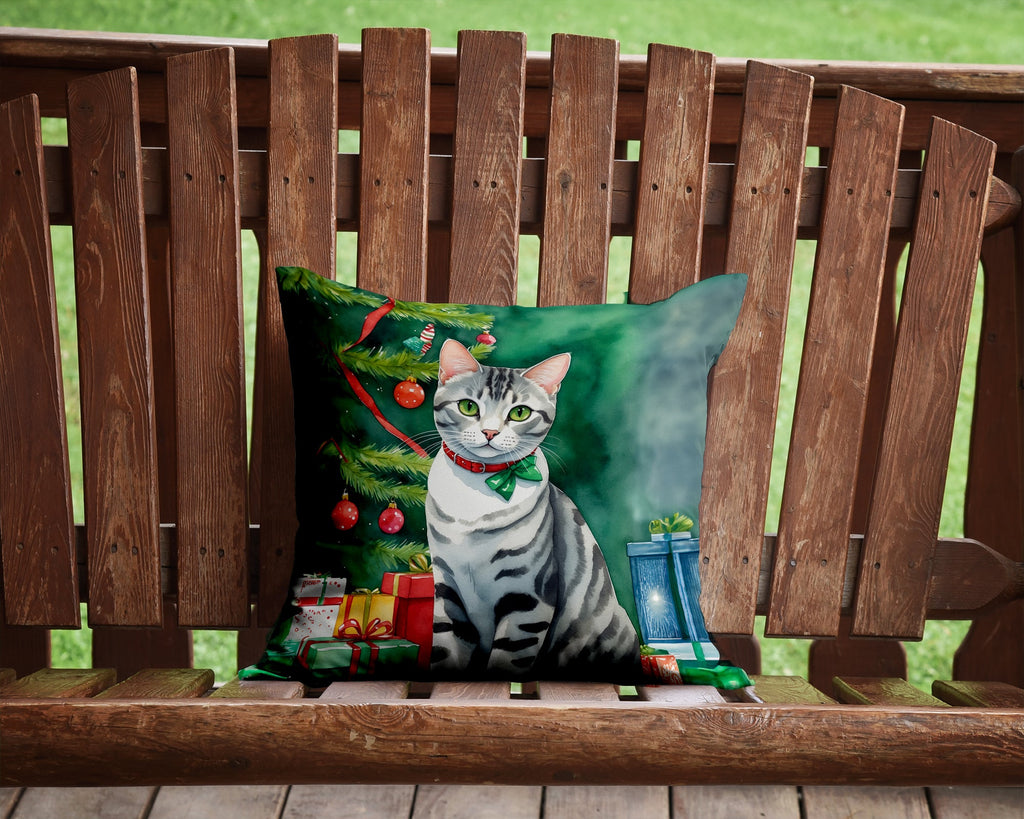 American Shorthair Cat By the Christmas Tree Decorative Throw Pillow 14x14 Indoor Outdoor Accent Cushion, Fabric Cover with Insert for Sofa, Bed, Porch & Living Room