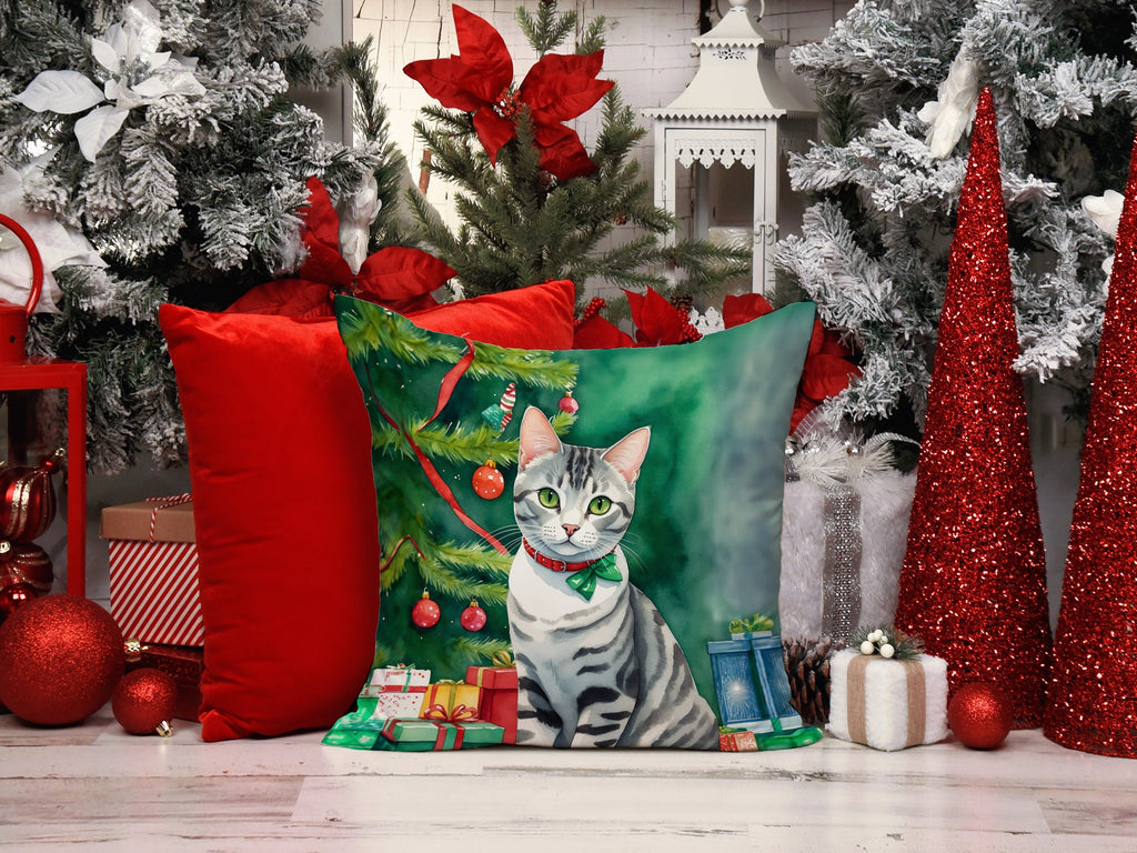 American Shorthair Cat By the Christmas Tree Decorative Throw Pillow 18x18 Indoor Outdoor Accent Cushion, Fabric Cover with Insert for Sofa, Bed, Porch & Living Room