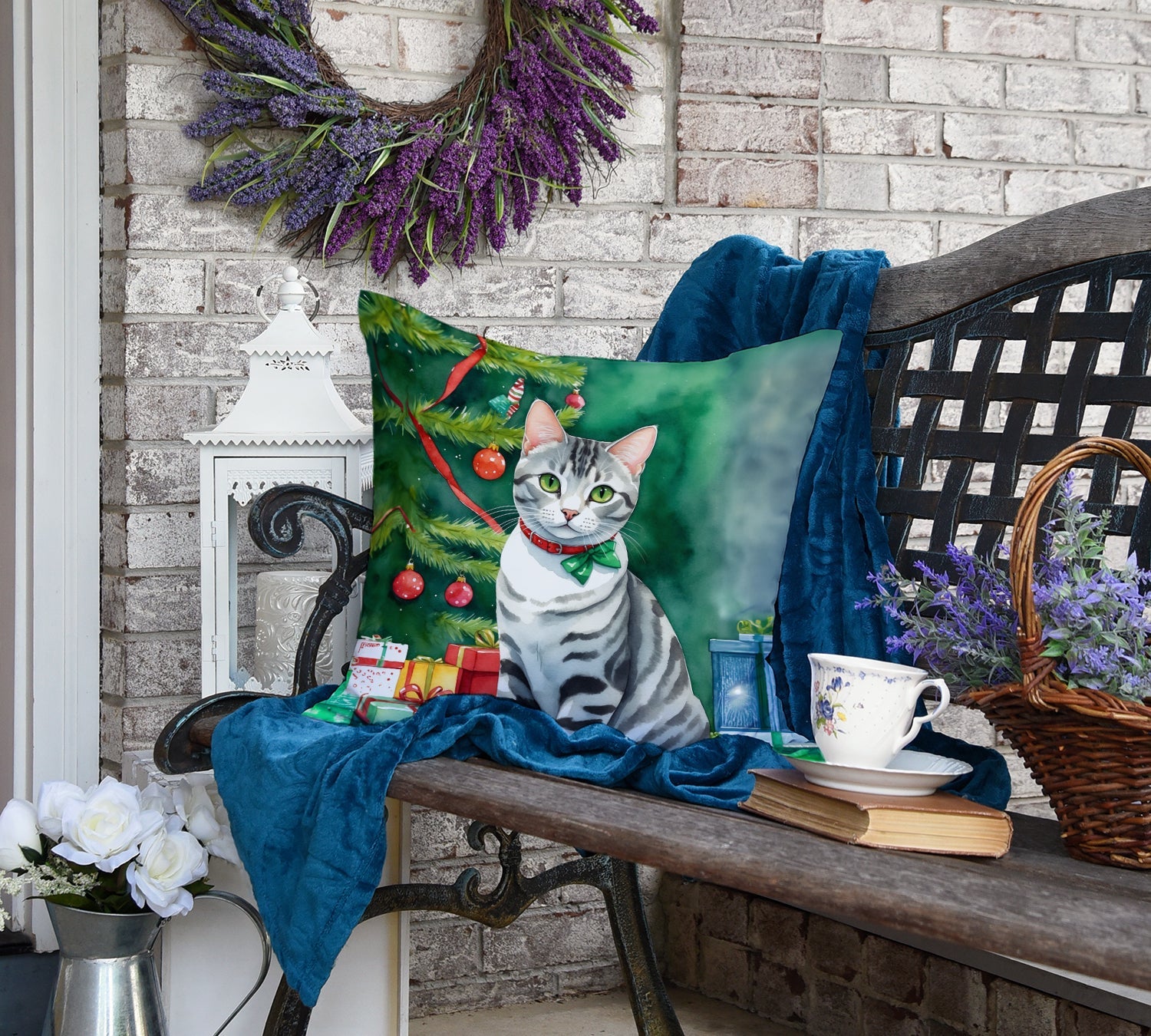 American Shorthair Cat By the Christmas Tree Decorative Throw Pillow 18x18 Indoor Outdoor Accent Cushion, Fabric Cover with Insert for Sofa, Bed, Porch & Living Room