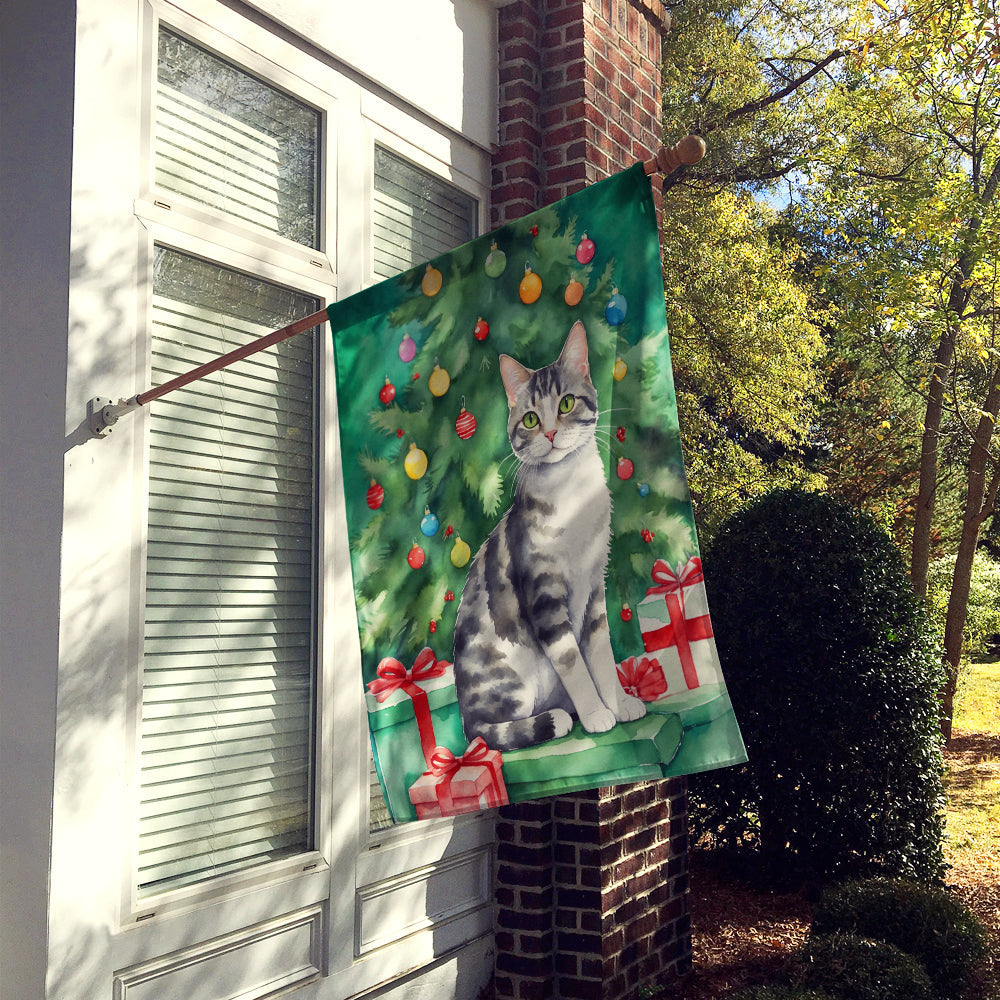 American Wirehair Cat By the Christmas Tree House Flag 28x40 Porch Sleeve Pole Decorative Outside Yard Banner Artwork Wall Hanging, Polyester