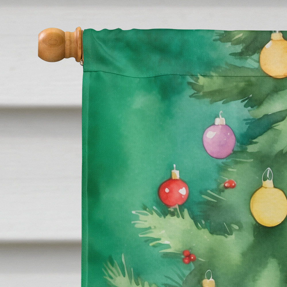 American Wirehair Cat By the Christmas Tree House Flag 28x40 Porch Sleeve Pole Decorative Outside Yard Banner Artwork Wall Hanging, Polyester