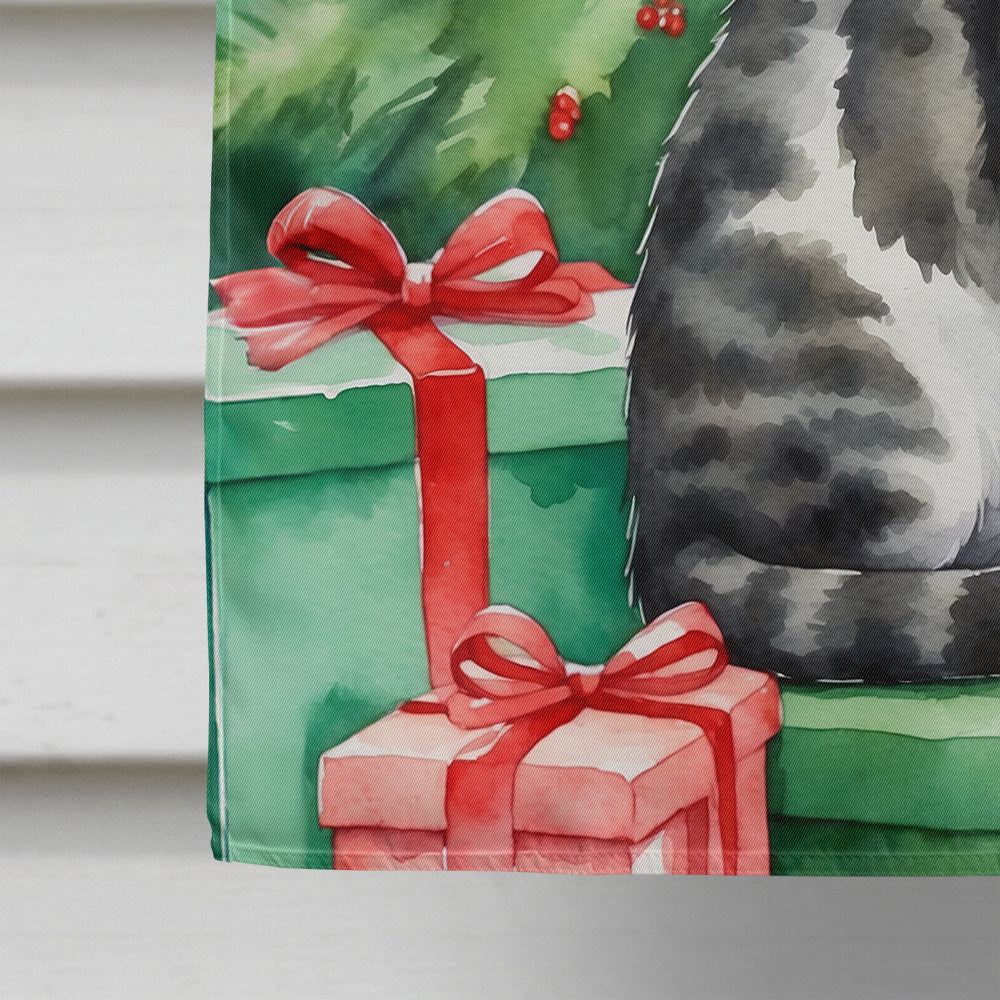 American Wirehair Cat By the Christmas Tree House Flag 28x40 Porch Sleeve Pole Decorative Outside Yard Banner Artwork Wall Hanging, Polyester