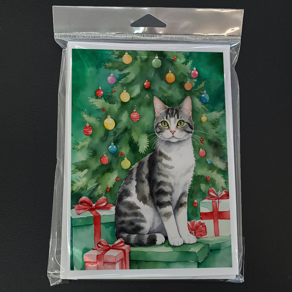 American Wirehair Cat By the Christmas Tree Greeting Cards Pack of 8 Blank Cards with Envelopes Whimsical A7 Size 5x7