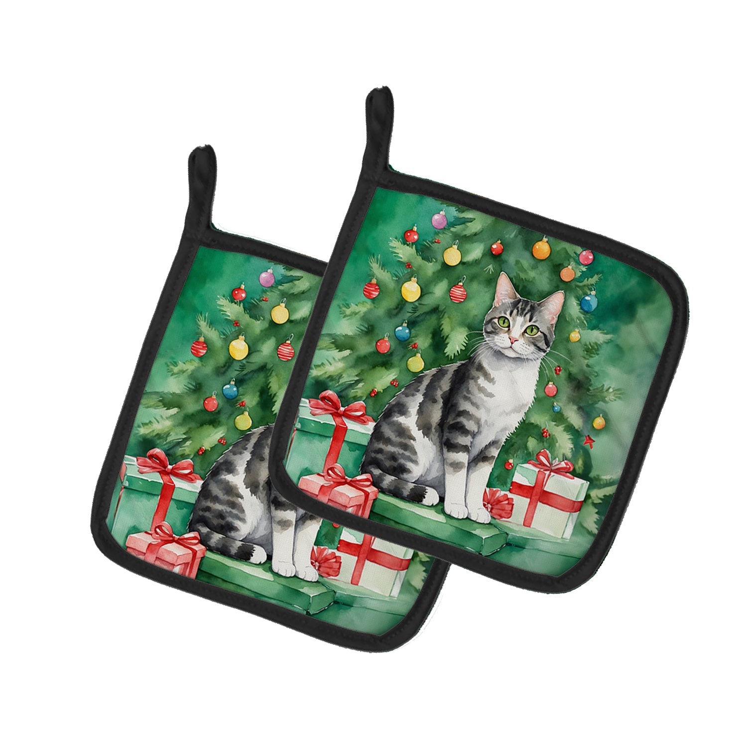 American Wirehair Cat By the Christmas Tree Pot Holder Set of 2 Heat Resistant Quilted Hot Pads 7.5 x 7.5 Inch, Insulated Kitchen Trivets for Cooking & Baking
