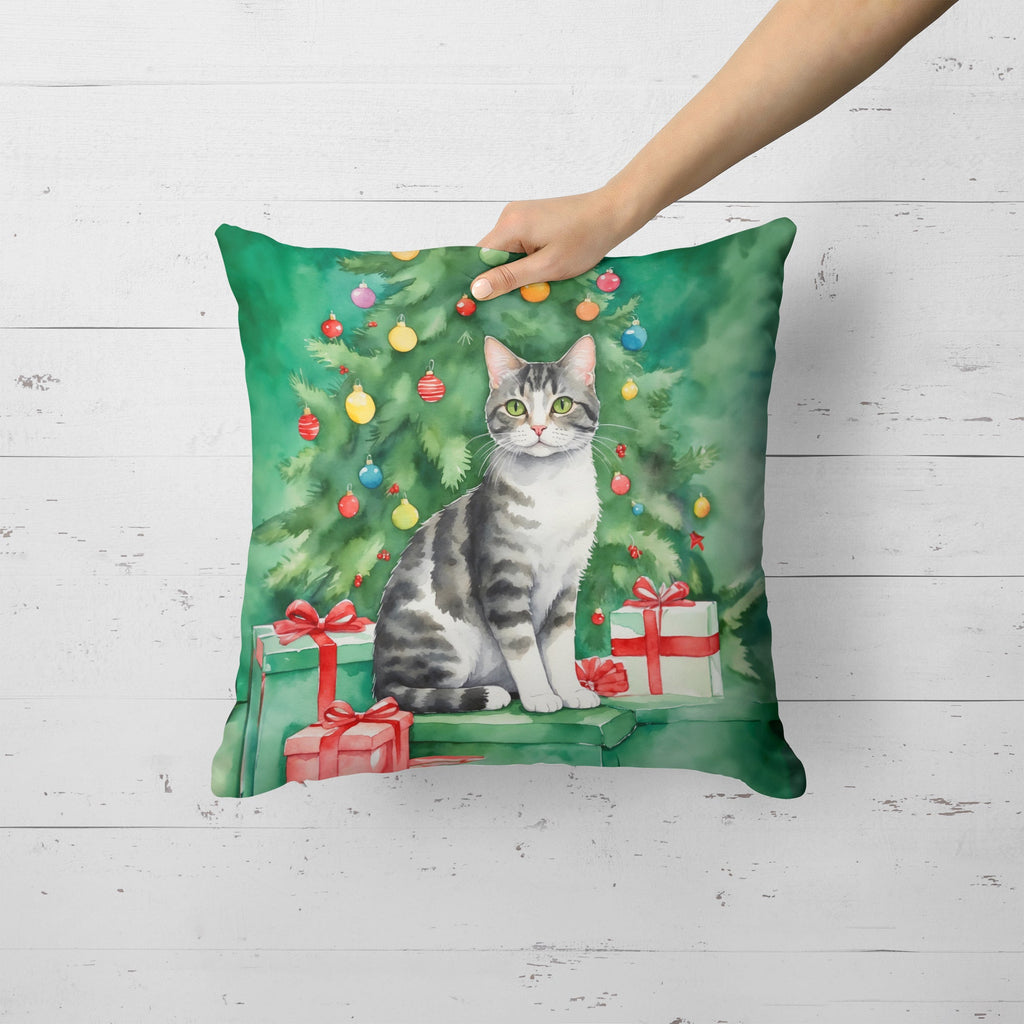 American Wirehair Cat By the Christmas Tree Decorative Throw Pillow 18x18 Indoor Outdoor Accent Cushion, Fabric Cover with Insert for Sofa, Bed, Porch & Living Room