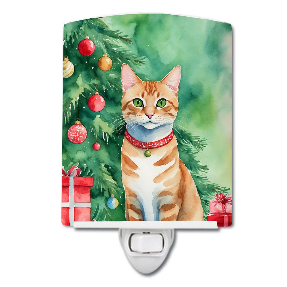 Arabian Mau Cat By the Christmas Tree Ceramic Night Light Compact, UL-Certified, Ideal for Bedroom, Bathroom, Nursery, Hallway, Kitchen, 6x4x3, Multicolor