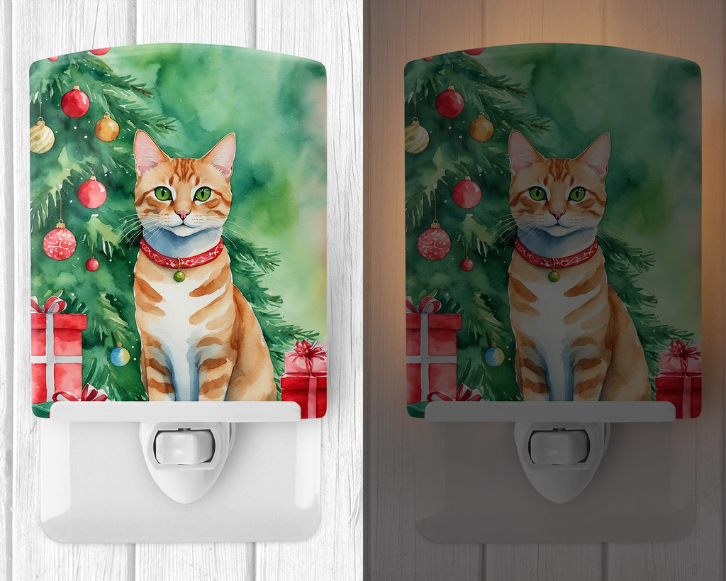 Arabian Mau Cat By the Christmas Tree Ceramic Night Light Compact, UL-Certified, Ideal for Bedroom, Bathroom, Nursery, Hallway, Kitchen, 6x4x3, Multicolor