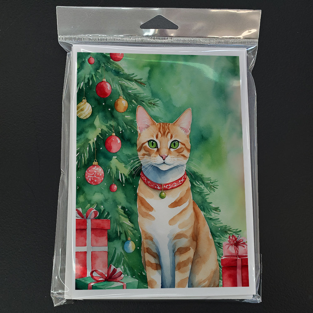 Arabian Mau Cat By the Christmas Tree Greeting Cards Pack of 8 Blank Cards with Envelopes Whimsical A7 Size 5x7