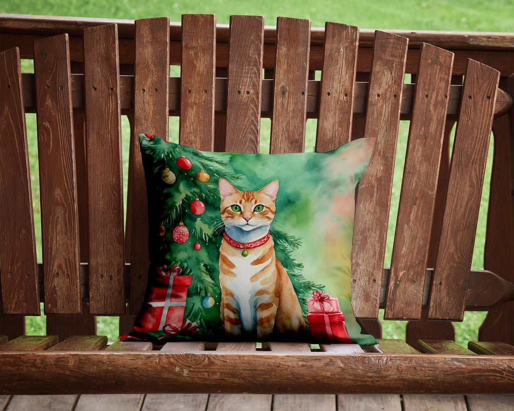 Arabian Mau Cat By the Christmas Tree Decorative Throw Pillow 14x14 Indoor Outdoor Accent Cushion, Fabric Cover with Insert for Sofa, Bed, Porch & Living Room