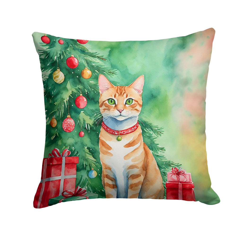 Arabian Mau Cat By the Christmas Tree Decorative Throw Pillow 14x14 Indoor Outdoor Accent Cushion, Fabric Cover with Insert for Sofa, Bed, Porch & Living Room