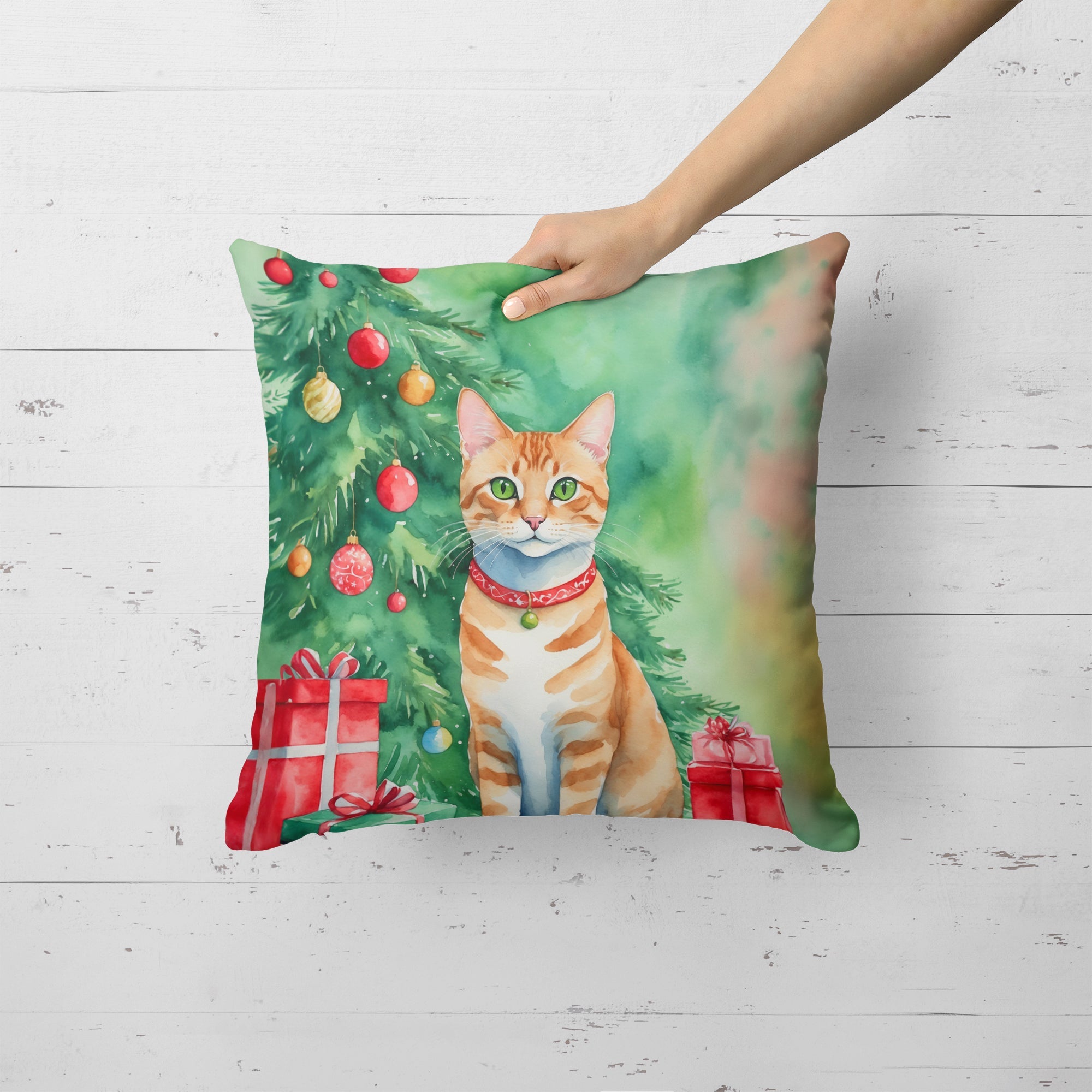 Arabian Mau Cat By the Christmas Tree Decorative Throw Pillow 18x18 Indoor Outdoor Accent Cushion, Fabric Cover with Insert for Sofa, Bed, Porch & Living Room