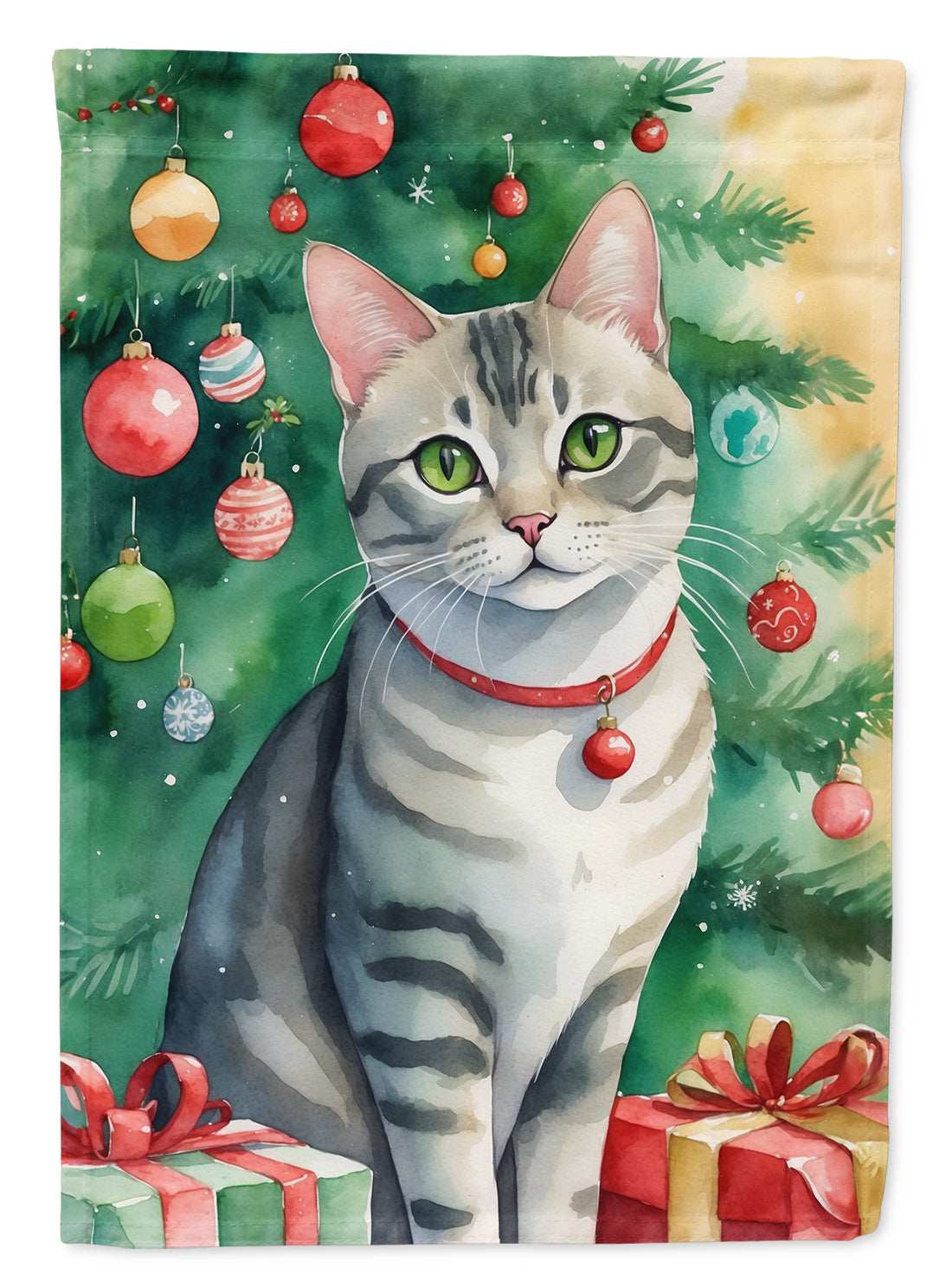 Asian Cat By the Christmas Tree House Flag 28x40 Porch Sleeve Pole Decorative Outside Yard Banner Artwork Wall Hanging, Polyester