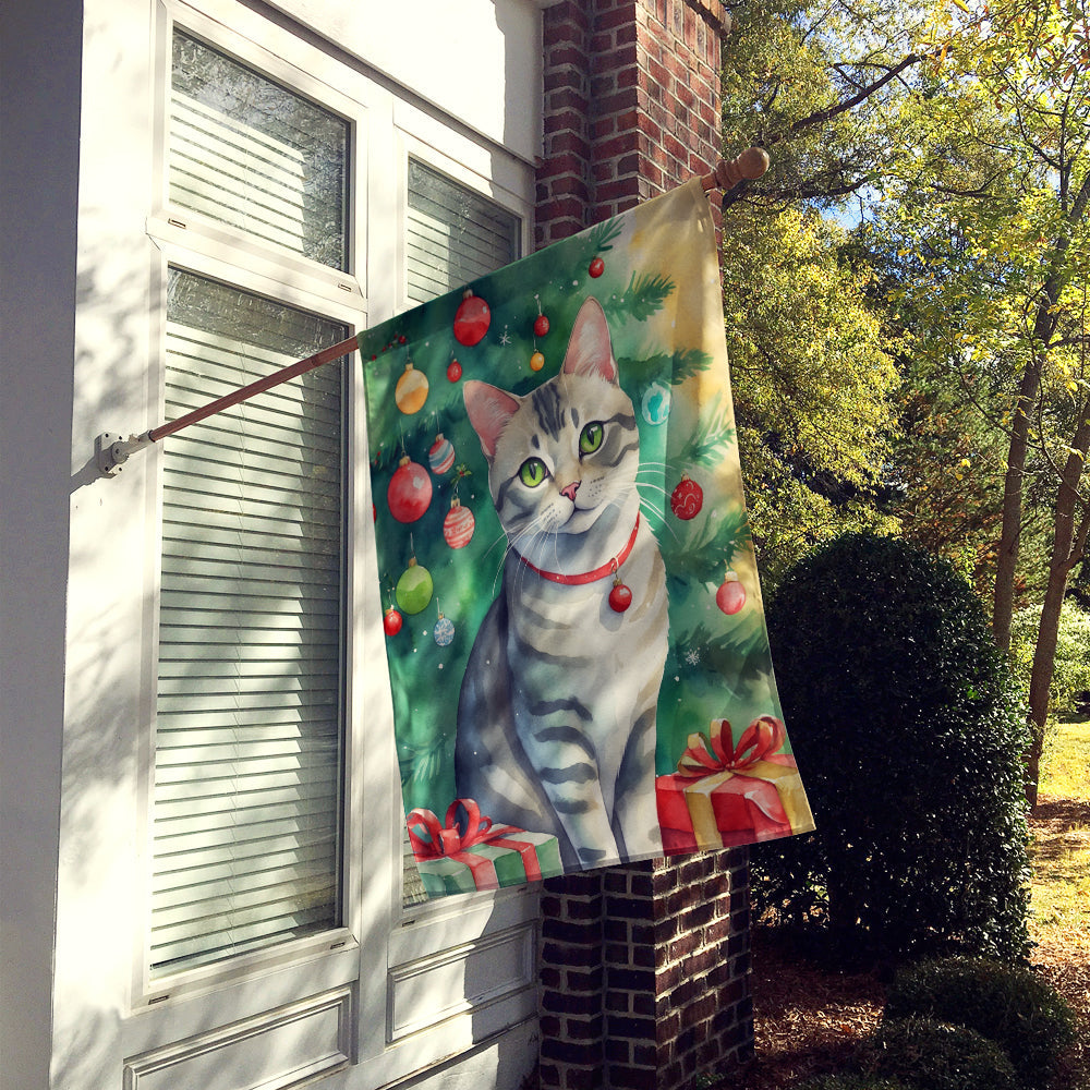 Asian Cat By the Christmas Tree House Flag 28x40 Porch Sleeve Pole Decorative Outside Yard Banner Artwork Wall Hanging, Polyester