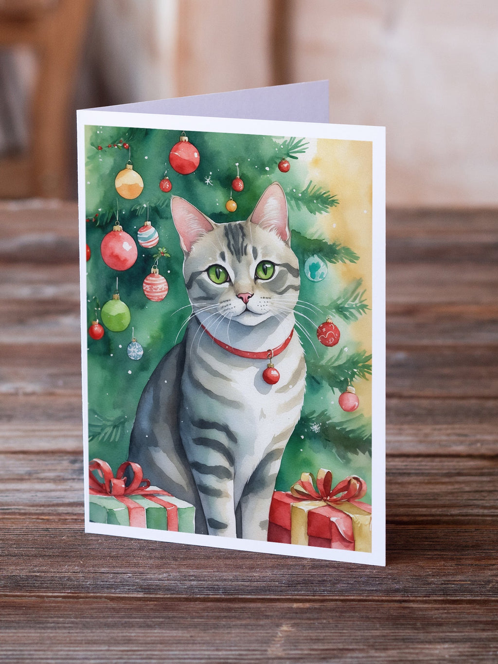 Asian Cat By the Christmas Tree Greeting Cards Pack of 8 Blank Cards with Envelopes Whimsical A7 Size 5x7