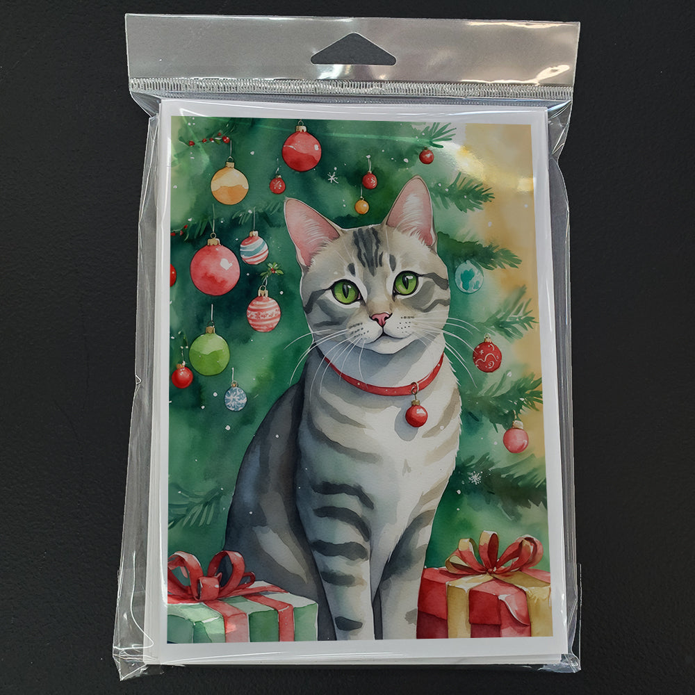 Asian Cat By the Christmas Tree Greeting Cards Pack of 8 Blank Cards with Envelopes Whimsical A7 Size 5x7
