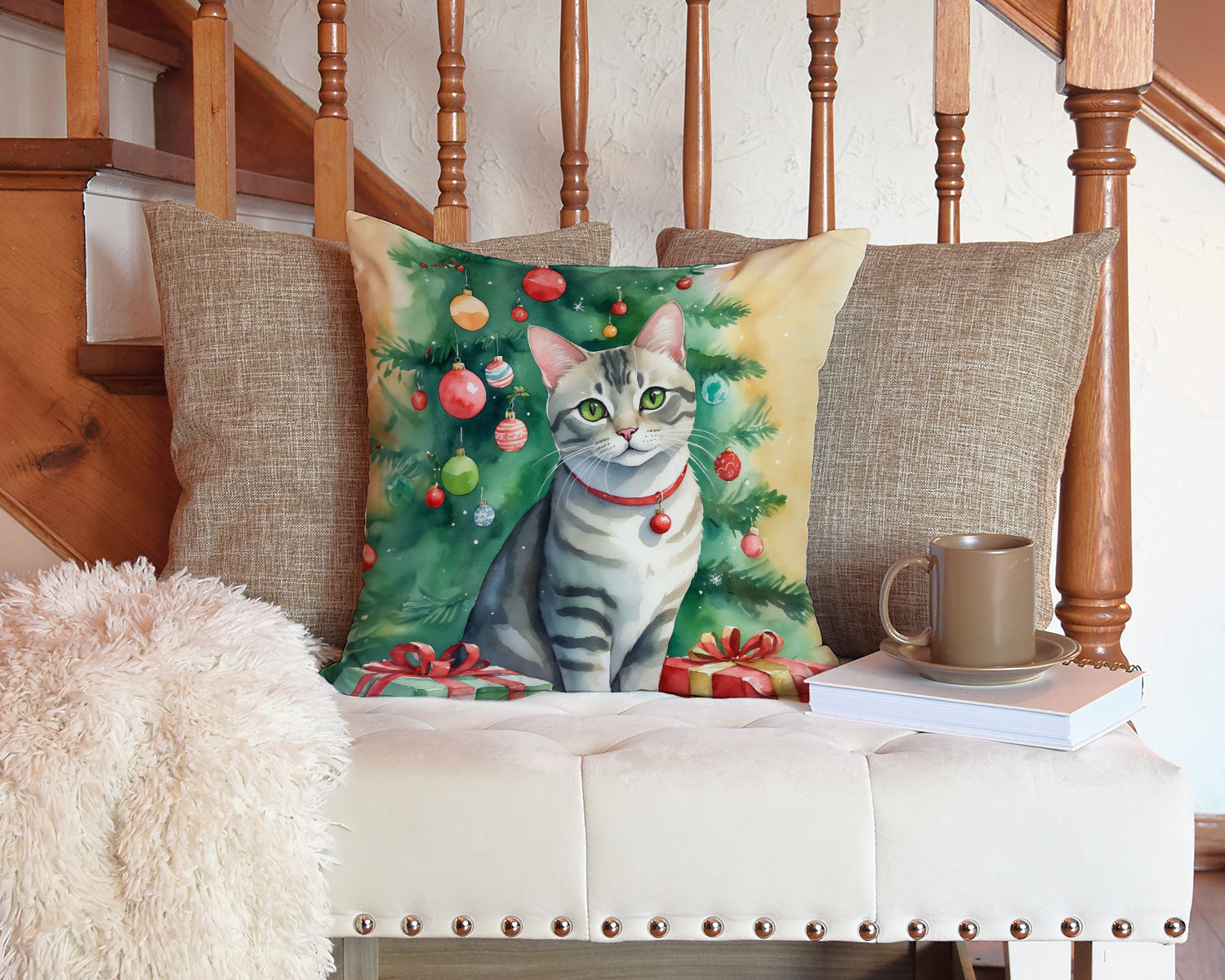 Asian Cat By the Christmas Tree Decorative Throw Pillow 14x14 Indoor Outdoor Accent Cushion, Fabric Cover with Insert for Sofa, Bed, Porch & Living Room