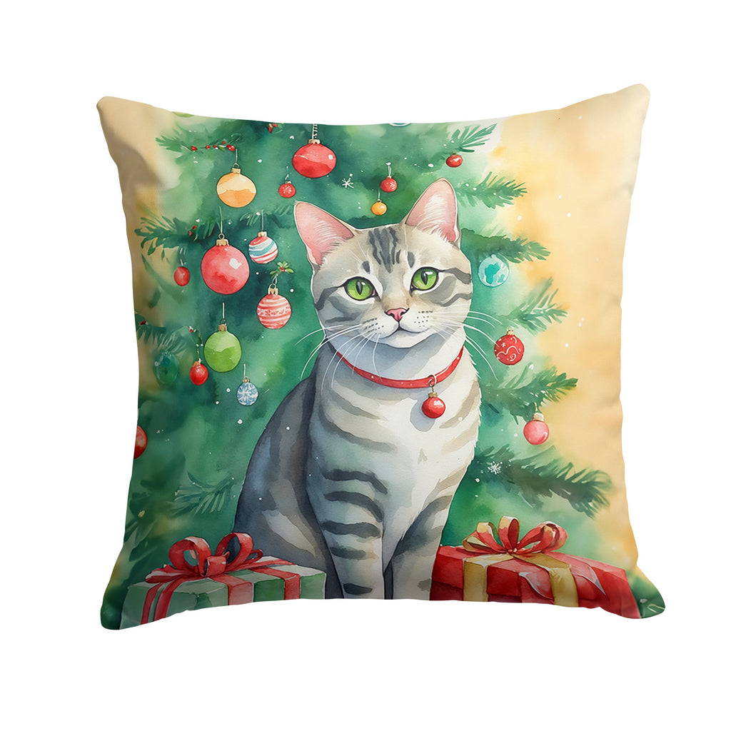 Asian Cat By the Christmas Tree Decorative Throw Pillow 14x14 Indoor Outdoor Accent Cushion, Fabric Cover with Insert for Sofa, Bed, Porch & Living Room