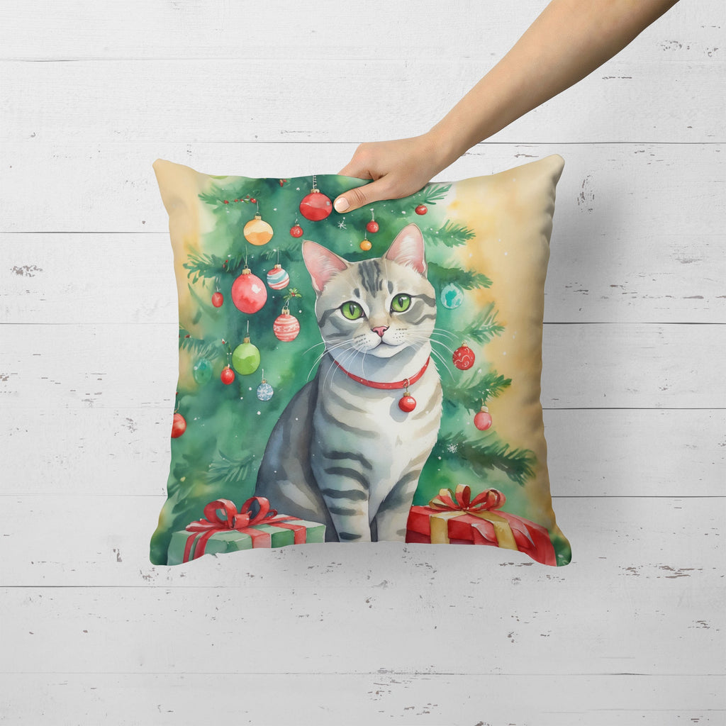 Asian Cat By the Christmas Tree Decorative Throw Pillow 18x18 Indoor Outdoor Accent Cushion, Fabric Cover with Insert for Sofa, Bed, Porch & Living Room