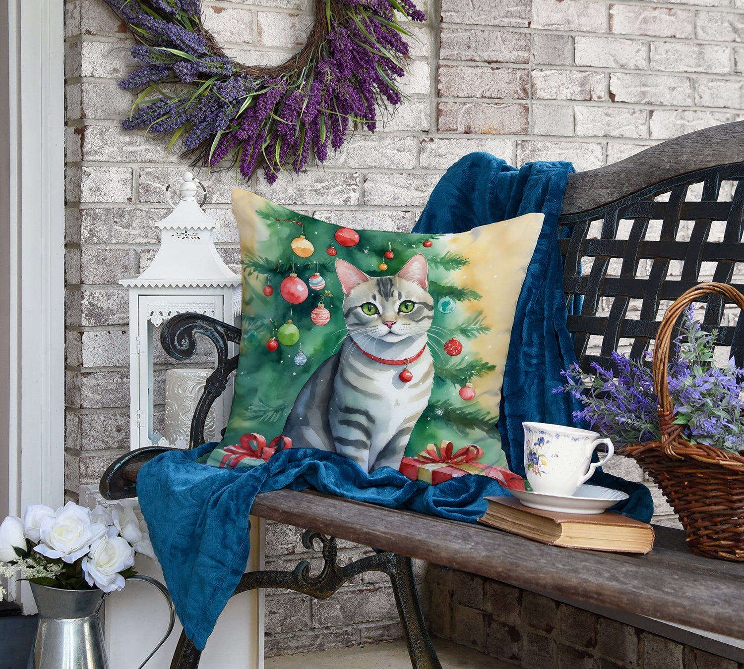 Asian Cat By the Christmas Tree Decorative Throw Pillow 18x18 Indoor Outdoor Accent Cushion, Fabric Cover with Insert for Sofa, Bed, Porch & Living Room