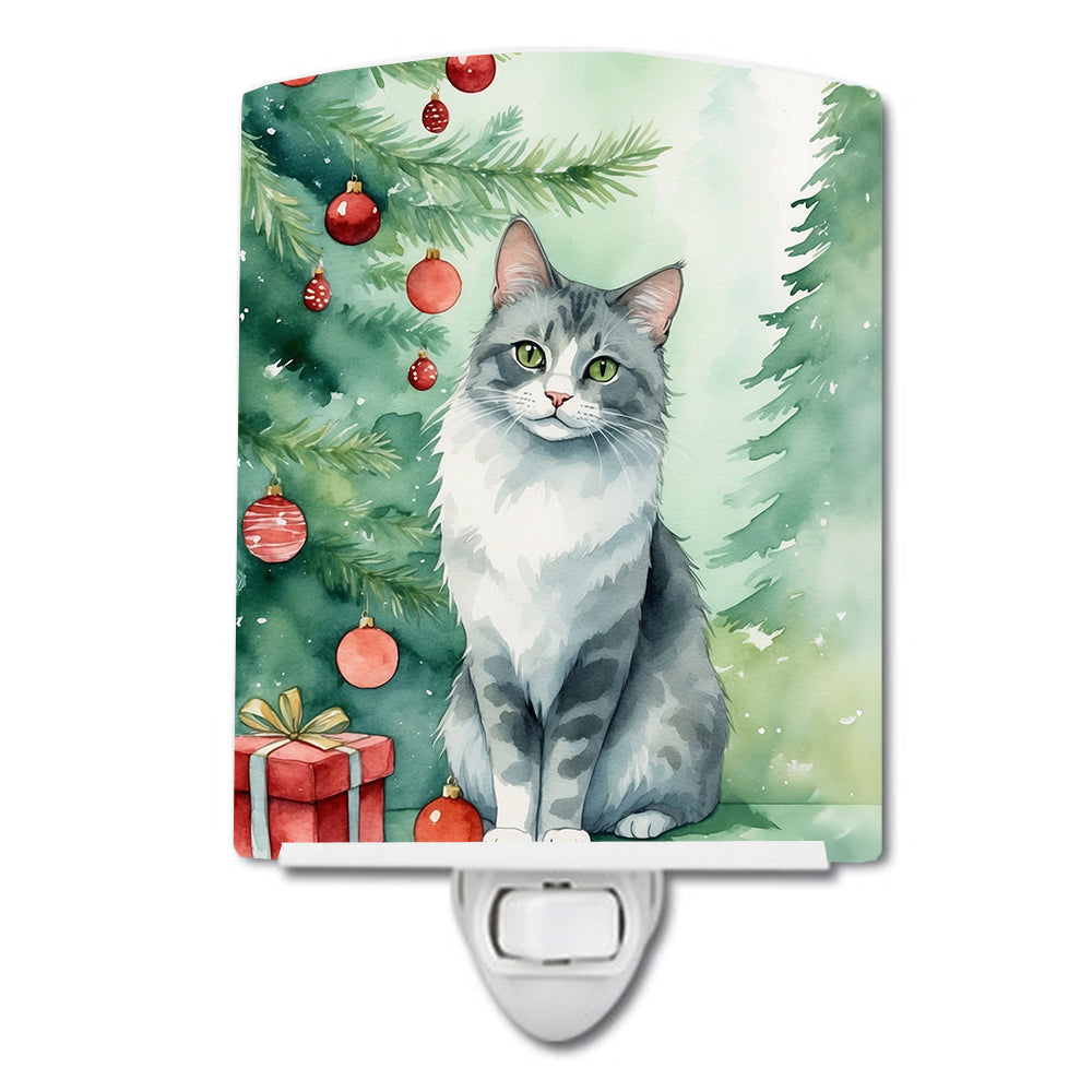 Australian Mist Cat By the Christmas Tree Ceramic Night Light Compact, UL-Certified, Ideal for Bedroom, Bathroom, Nursery, Hallway, Kitchen, 6x4x3, Multicolor