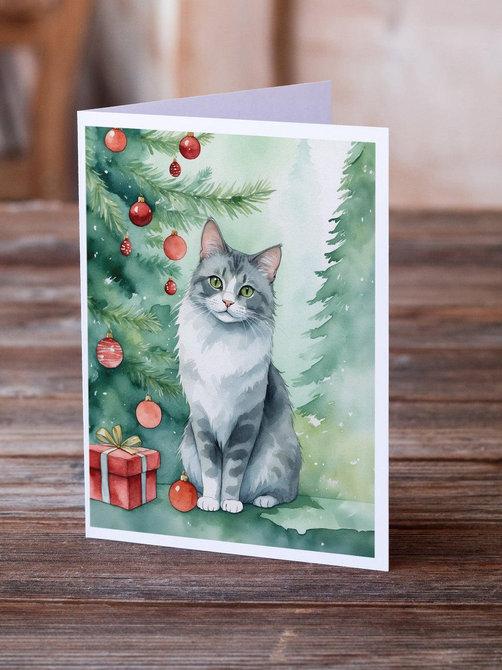 Australian Mist Cat By the Christmas Tree Greeting Cards Pack of 8 Blank Cards with Envelopes Whimsical A7 Size 5x7
