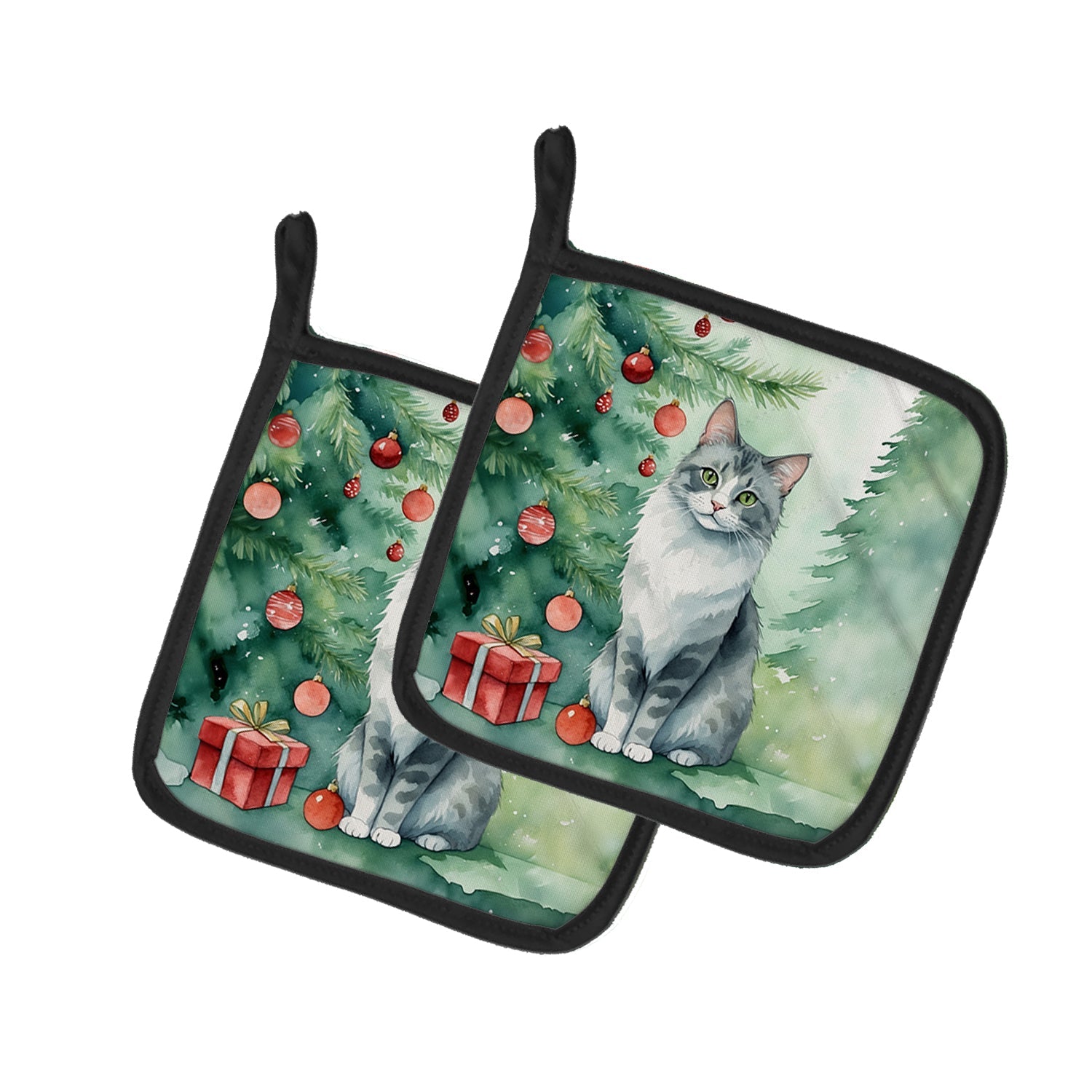 Australian Mist Cat By the Christmas Tree Pot Holder Set of 2 Heat Resistant Quilted Hot Pads 7.5 x 7.5 Inch, Insulated Kitchen Trivets for Cooking & Baking