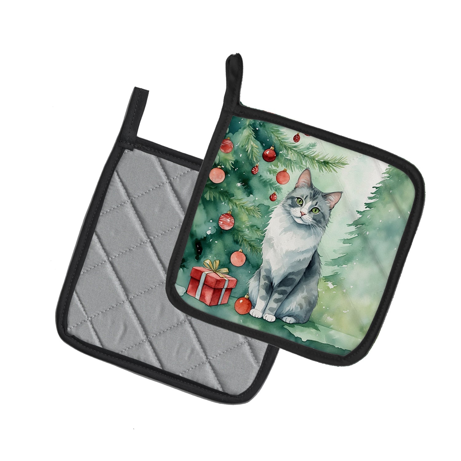 Australian Mist Cat By the Christmas Tree Pot Holder Set of 2 Heat Resistant Quilted Hot Pads 7.5 x 7.5 Inch, Insulated Kitchen Trivets for Cooking & Baking