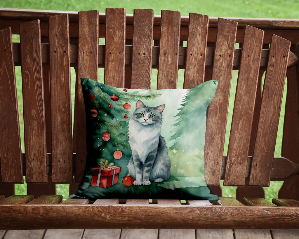 Australian Mist Cat By the Christmas Tree Decorative Throw Pillow 14x14 Indoor Outdoor Accent Cushion, Fabric Cover with Insert for Sofa, Bed, Porch & Living Room