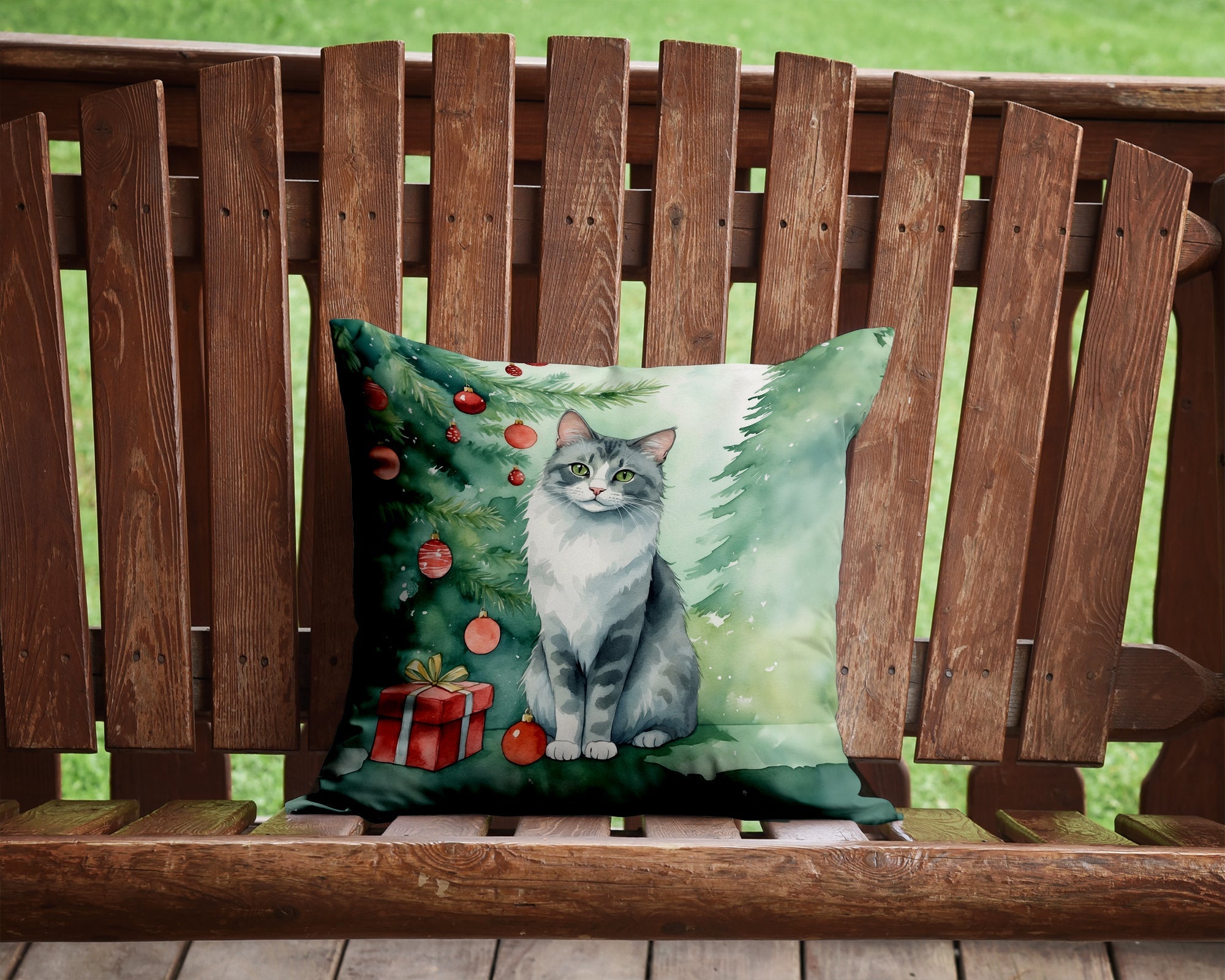 Australian Mist Cat By the Christmas Tree Decorative Throw Pillow 14x14 Indoor Outdoor Accent Cushion, Fabric Cover with Insert for Sofa, Bed, Porch & Living Room