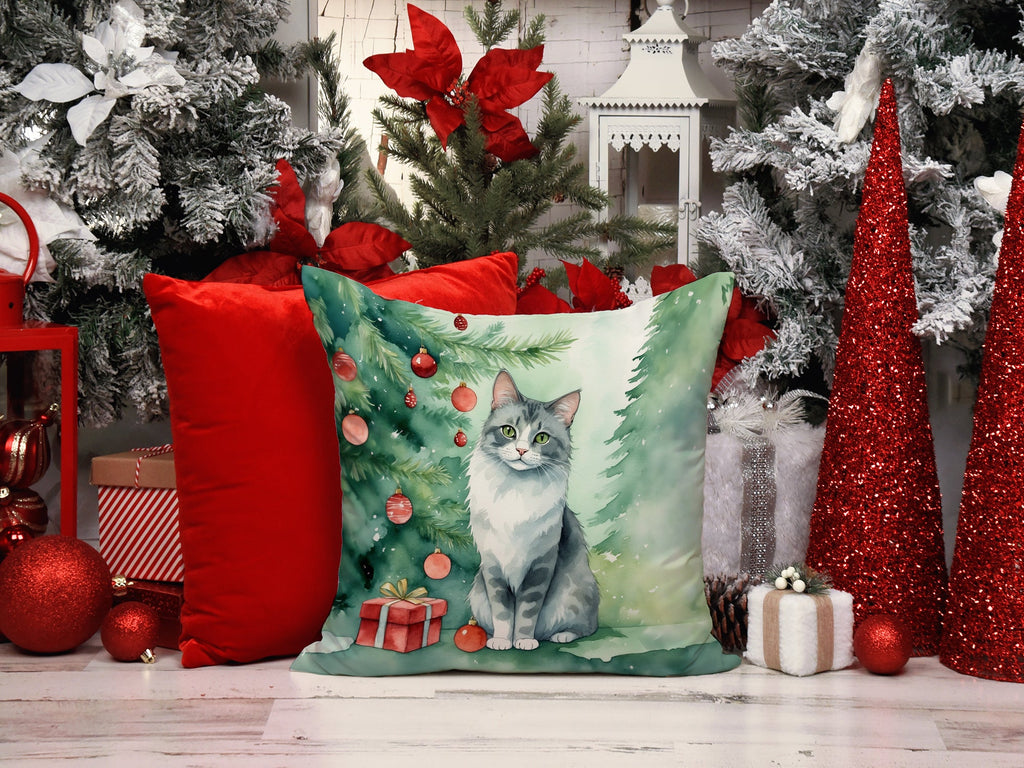 Australian Mist Cat By the Christmas Tree Decorative Throw Pillow 18x18 Indoor Outdoor Accent Cushion, Fabric Cover with Insert for Sofa, Bed, Porch & Living Room