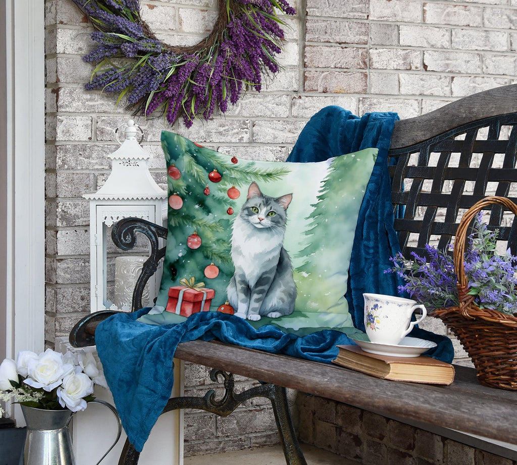 Australian Mist Cat By the Christmas Tree Decorative Throw Pillow 18x18 Indoor Outdoor Accent Cushion, Fabric Cover with Insert for Sofa, Bed, Porch & Living Room
