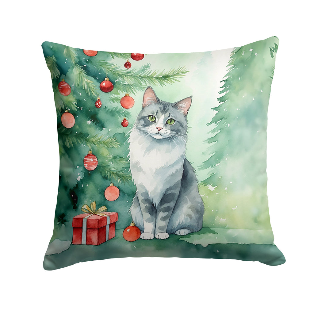 Australian Mist Cat By the Christmas Tree Decorative Throw Pillow 18x18 Indoor Outdoor Accent Cushion, Fabric Cover with Insert for Sofa, Bed, Porch & Living Room