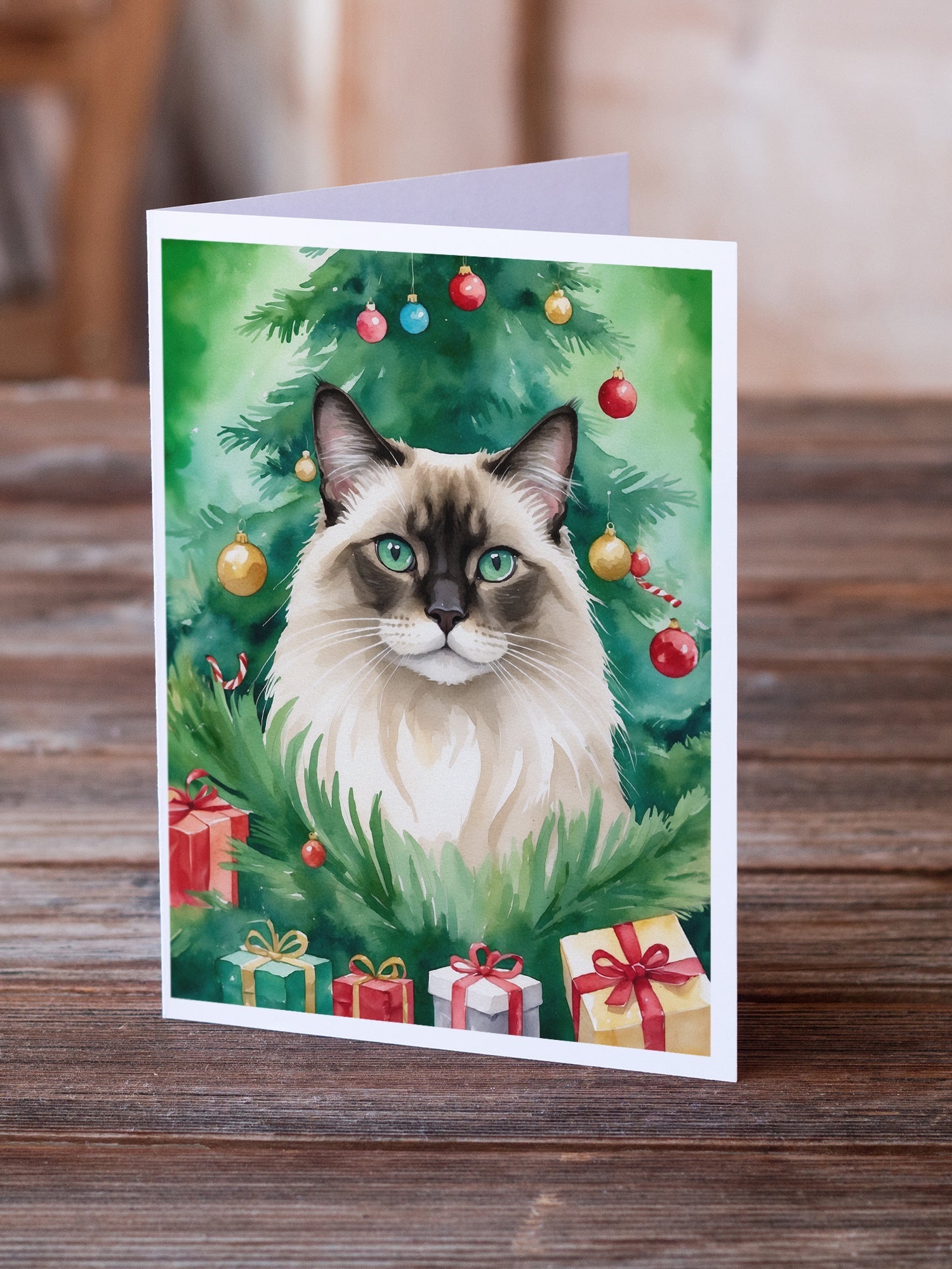 Balinese Cat By the Christmas Tree Greeting Cards Pack of 8 Blank Cards with Envelopes Whimsical A7 Size 5x7