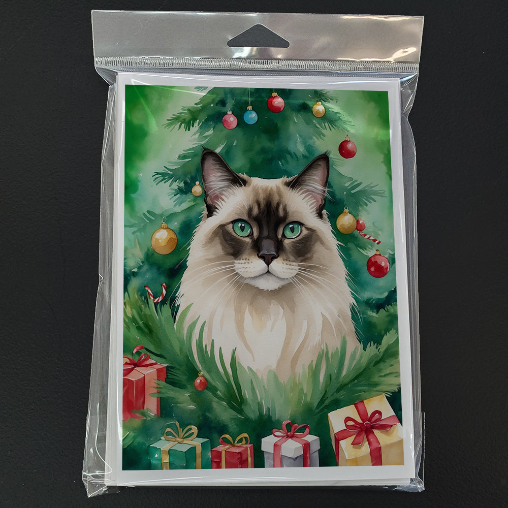 Balinese Cat By the Christmas Tree Greeting Cards Pack of 8 Blank Cards with Envelopes Whimsical A7 Size 5x7