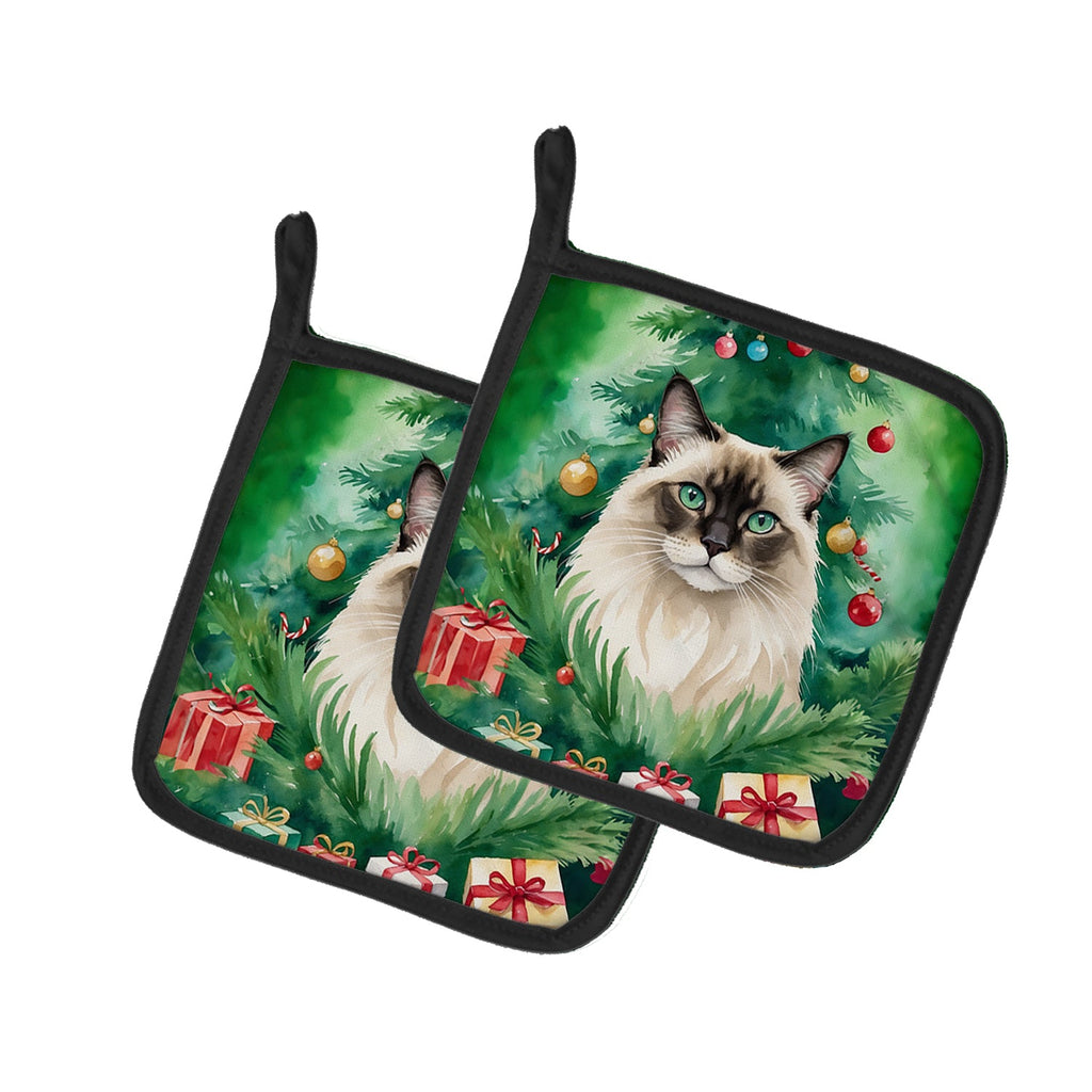 Balinese Cat By the Christmas Tree Pot Holder Set of 2 Heat Resistant Quilted Hot Pads 7.5 x 7.5 Inch, Insulated Kitchen Trivets for Cooking & Baking