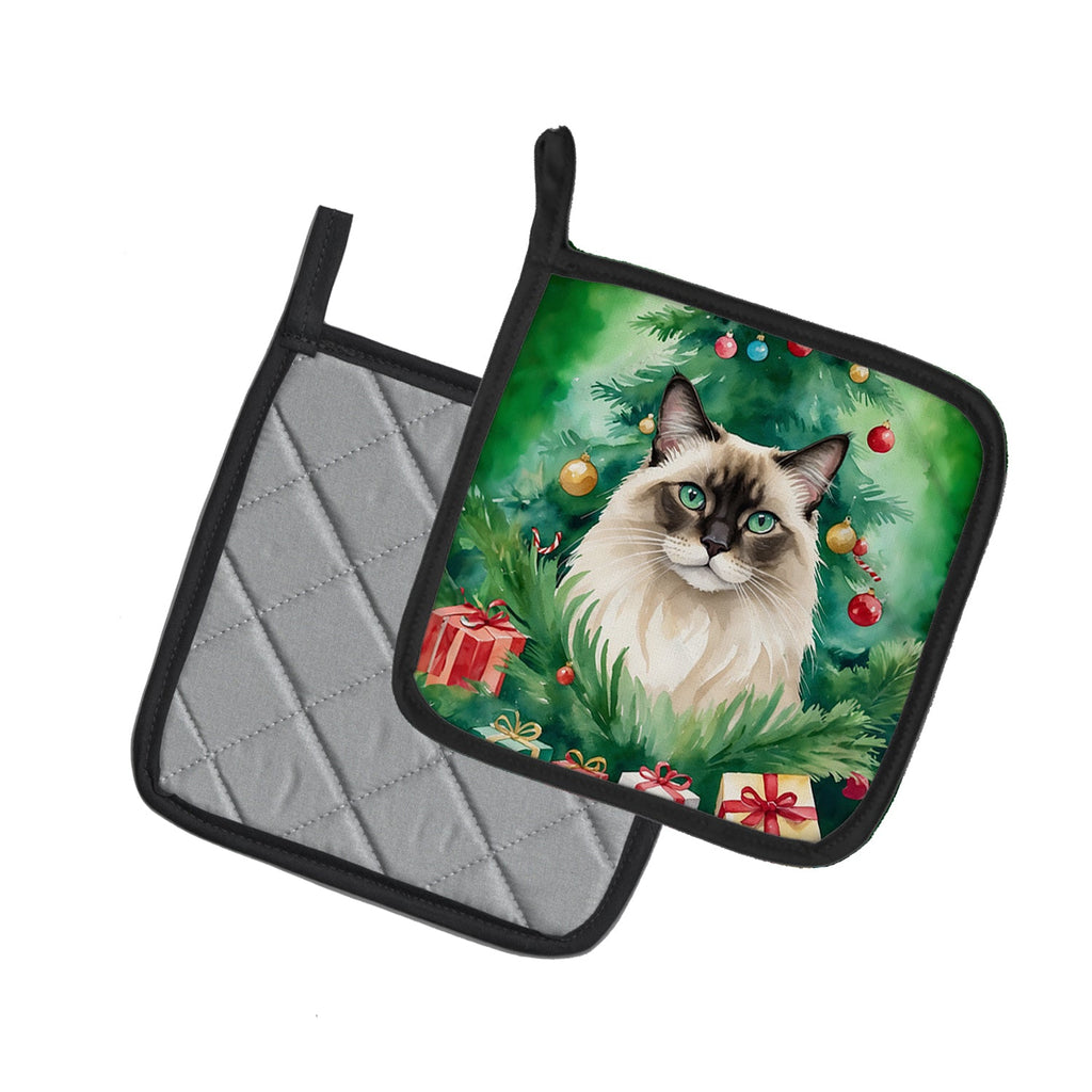Balinese Cat By the Christmas Tree Pot Holder Set of 2 Heat Resistant Quilted Hot Pads 7.5 x 7.5 Inch, Insulated Kitchen Trivets for Cooking & Baking