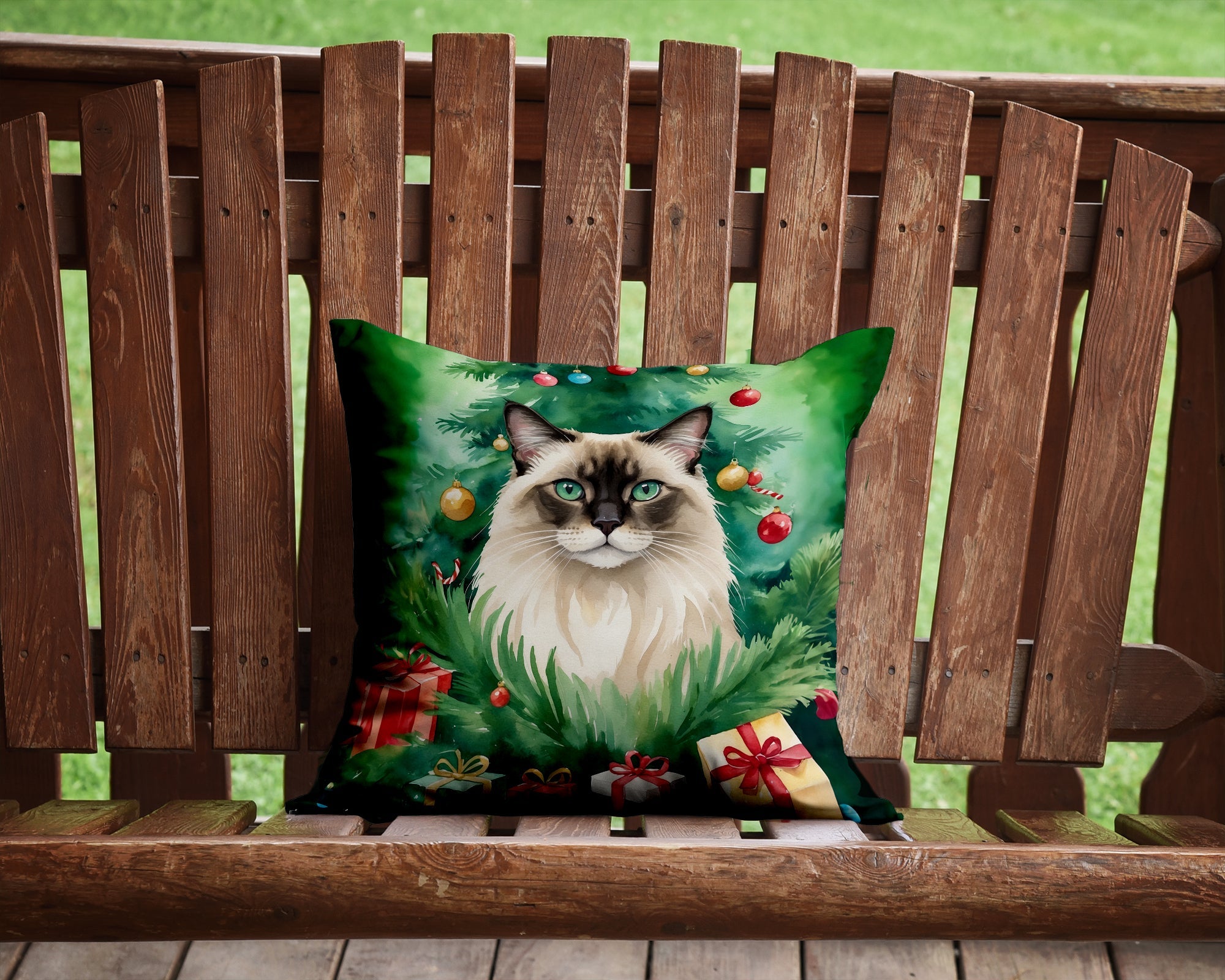 Balinese Cat By the Christmas Tree Decorative Throw Pillow 14x14 Indoor Outdoor Accent Cushion, Fabric Cover with Insert for Sofa, Bed, Porch & Living Room