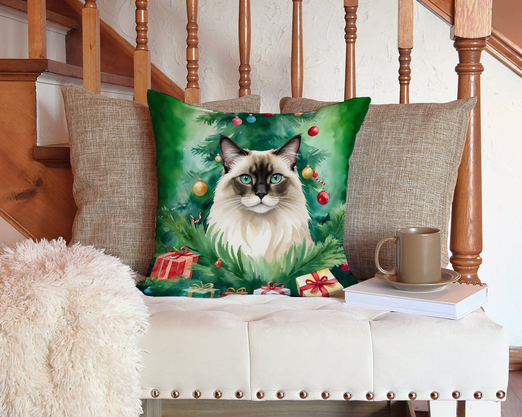 Balinese Cat By the Christmas Tree Decorative Throw Pillow 14x14 Indoor Outdoor Accent Cushion, Fabric Cover with Insert for Sofa, Bed, Porch & Living Room
