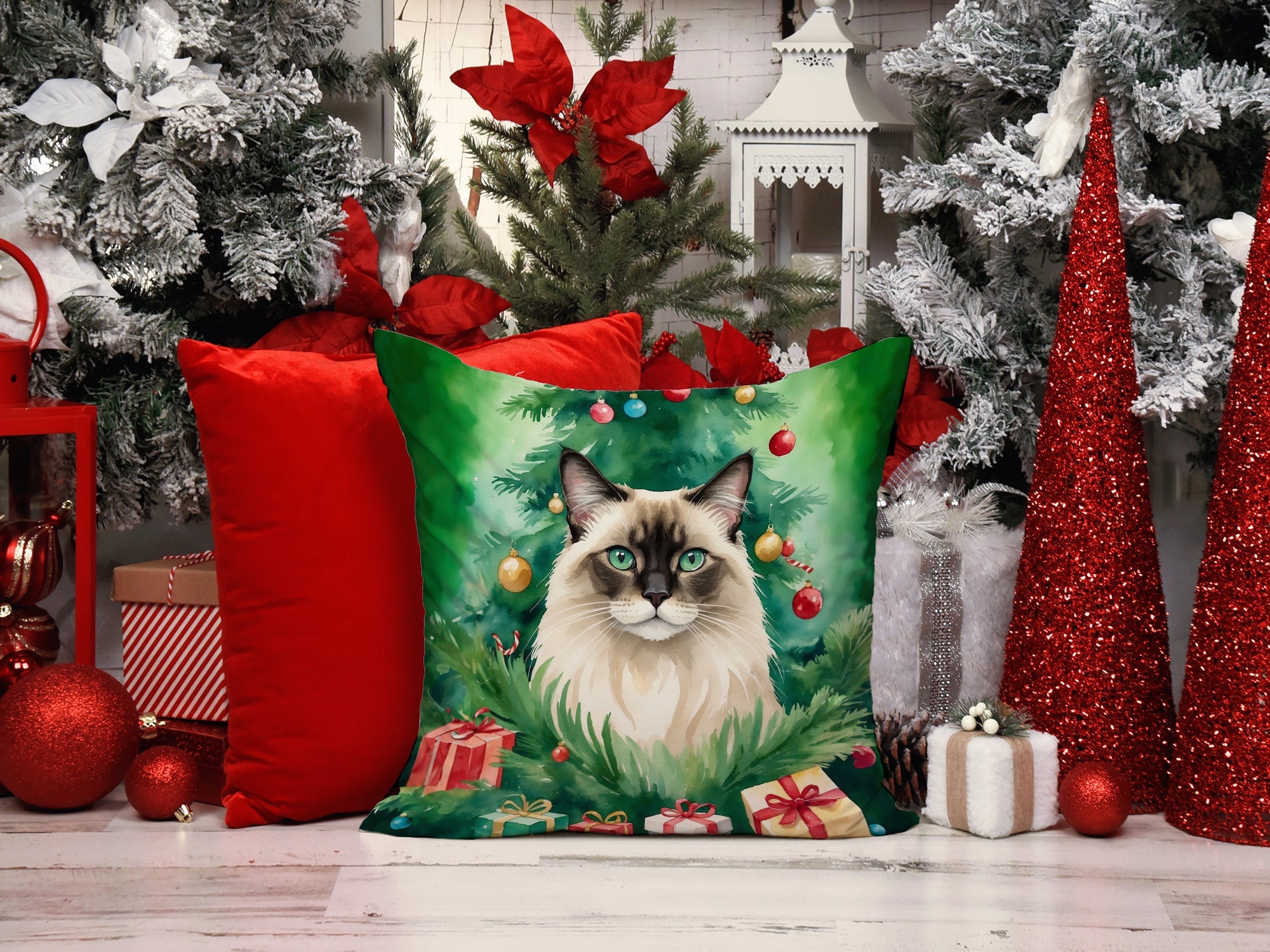 Balinese Cat By the Christmas Tree Decorative Throw Pillow 18x18 Indoor Outdoor Accent Cushion, Fabric Cover with Insert for Sofa, Bed, Porch & Living Room