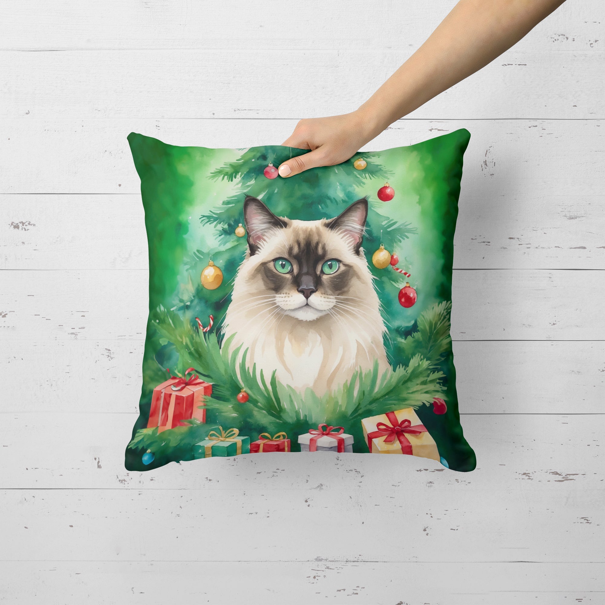Balinese Cat By the Christmas Tree Decorative Throw Pillow 18x18 Indoor Outdoor Accent Cushion, Fabric Cover with Insert for Sofa, Bed, Porch & Living Room