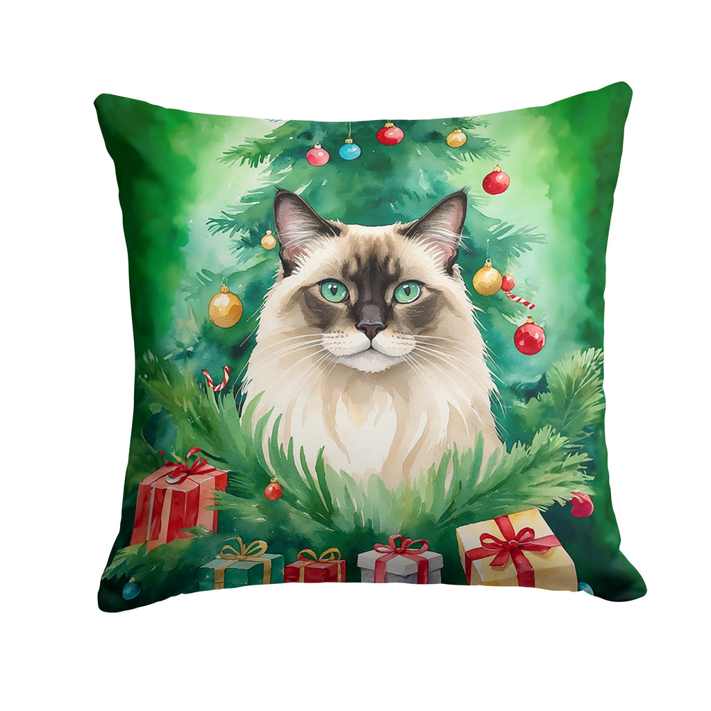 Balinese Cat By the Christmas Tree Decorative Throw Pillow 18x18 Indoor Outdoor Accent Cushion, Fabric Cover with Insert for Sofa, Bed, Porch & Living Room