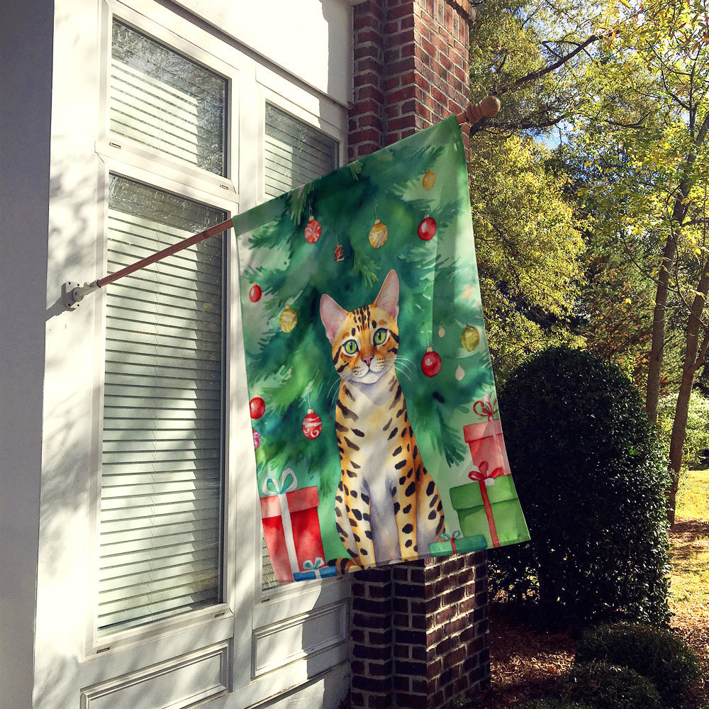 Bengal Cat By the Christmas Tree House Flag 28x40 Porch Sleeve Pole Decorative Outside Yard Banner Artwork Wall Hanging, Polyester