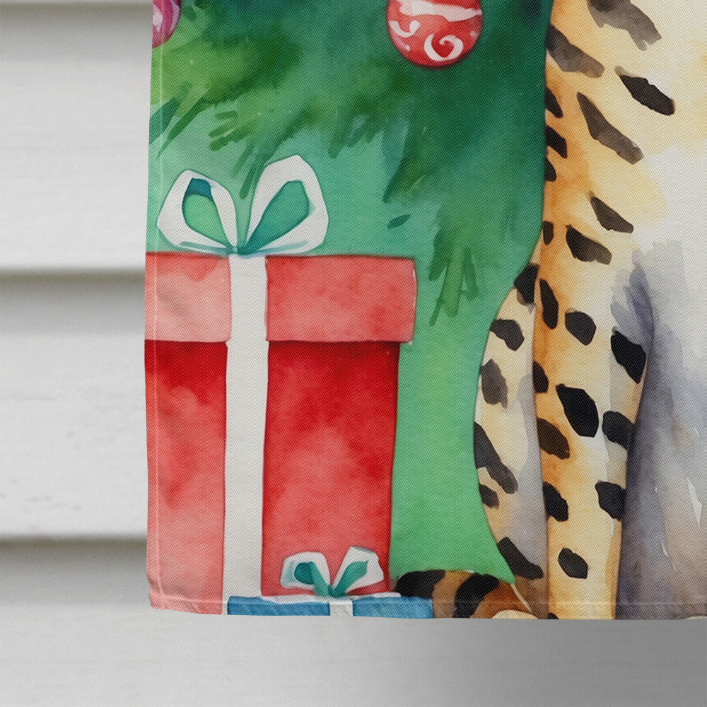 Bengal Cat By the Christmas Tree House Flag 28x40 Porch Sleeve Pole Decorative Outside Yard Banner Artwork Wall Hanging, Polyester