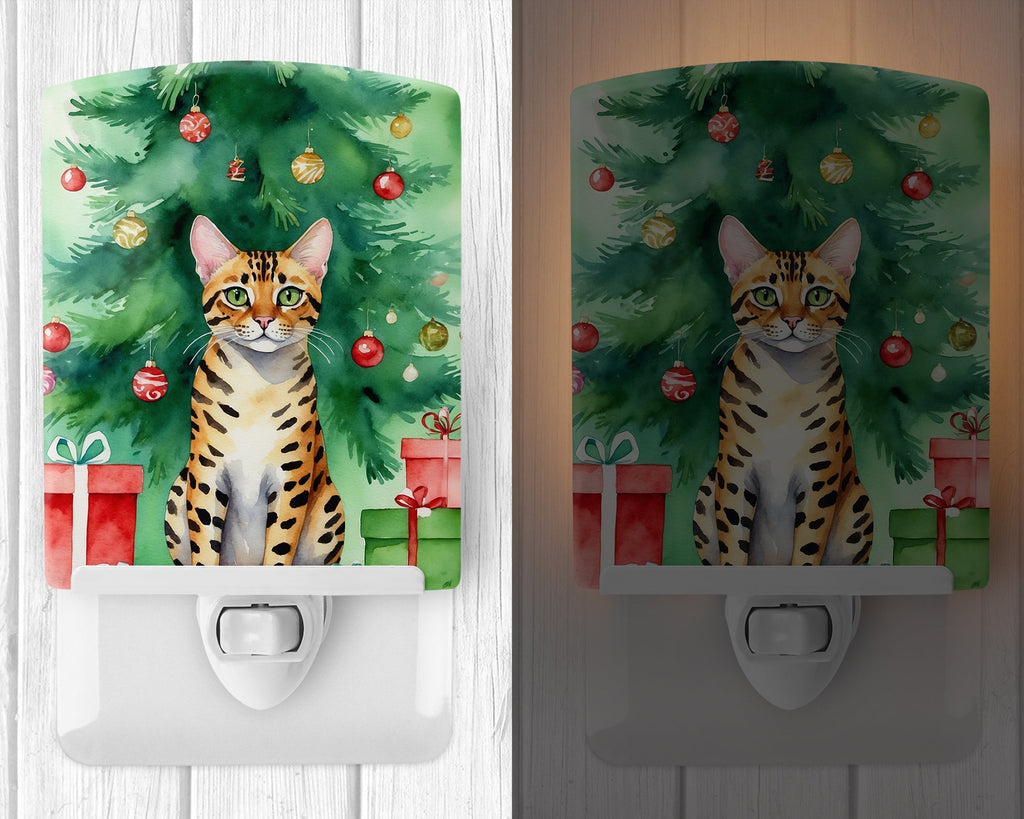 Bengal Cat By the Christmas Tree Ceramic Night Light Compact, UL-Certified, Ideal for Bedroom, Bathroom, Nursery, Hallway, Kitchen, 6x4x3, Multicolor