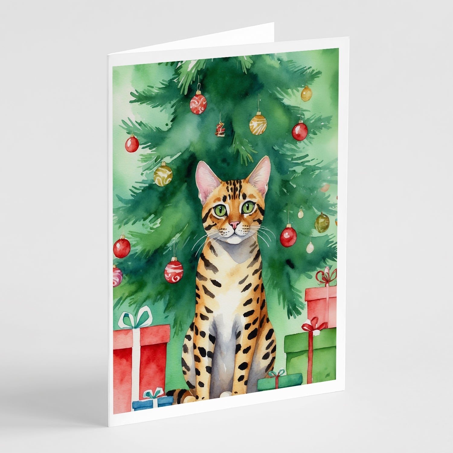 Bengal Cat By the Christmas Tree Greeting Cards Pack of 8 Blank Cards with Envelopes Whimsical A7 Size 5x7