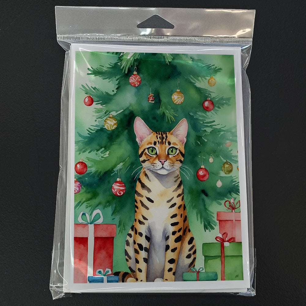 Bengal Cat By the Christmas Tree Greeting Cards Pack of 8 Blank Cards with Envelopes Whimsical A7 Size 5x7