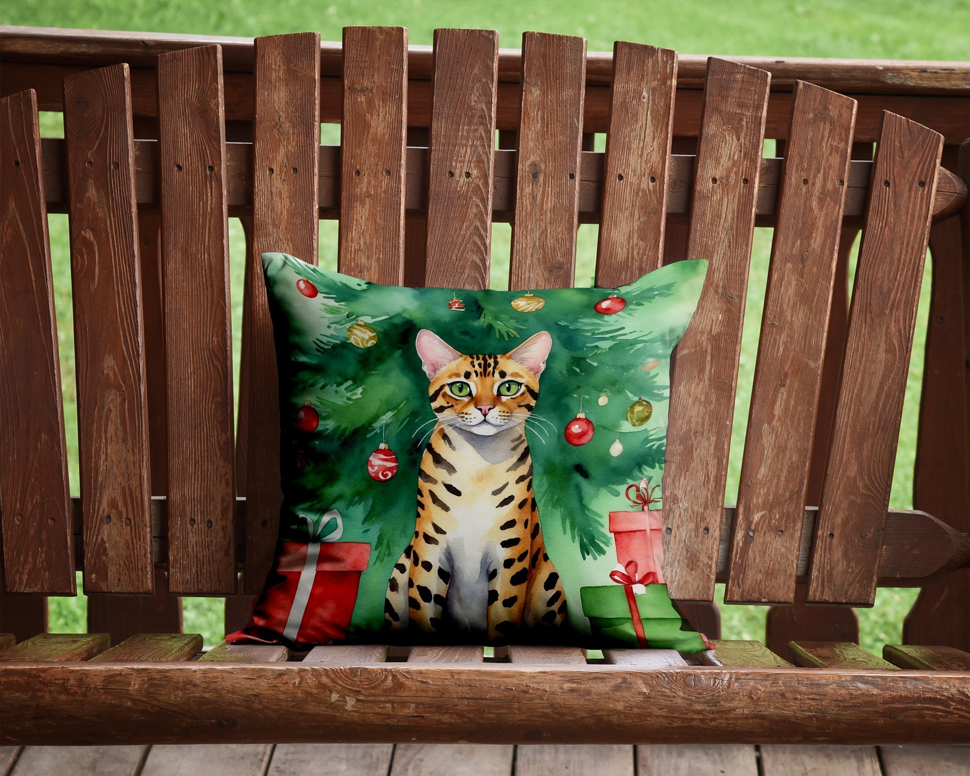 Bengal Cat By the Christmas Tree Decorative Throw Pillow 14x14 Indoor Outdoor Accent Cushion, Fabric Cover with Insert for Sofa, Bed, Porch & Living Room