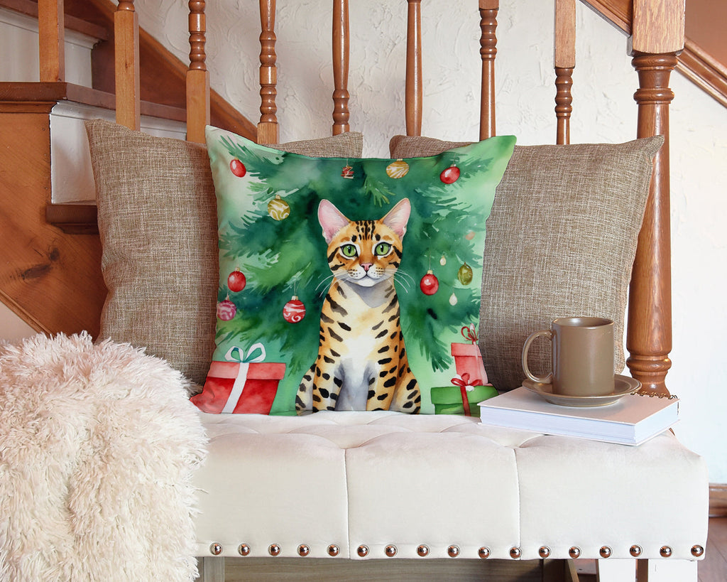 Bengal Cat By the Christmas Tree Decorative Throw Pillow 14x14 Indoor Outdoor Accent Cushion, Fabric Cover with Insert for Sofa, Bed, Porch & Living Room